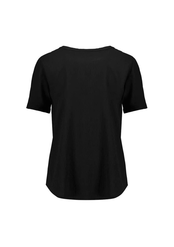 A black short sleeve blouse with a ruché design, featuring a rounded neckline and a slightly curved hem.