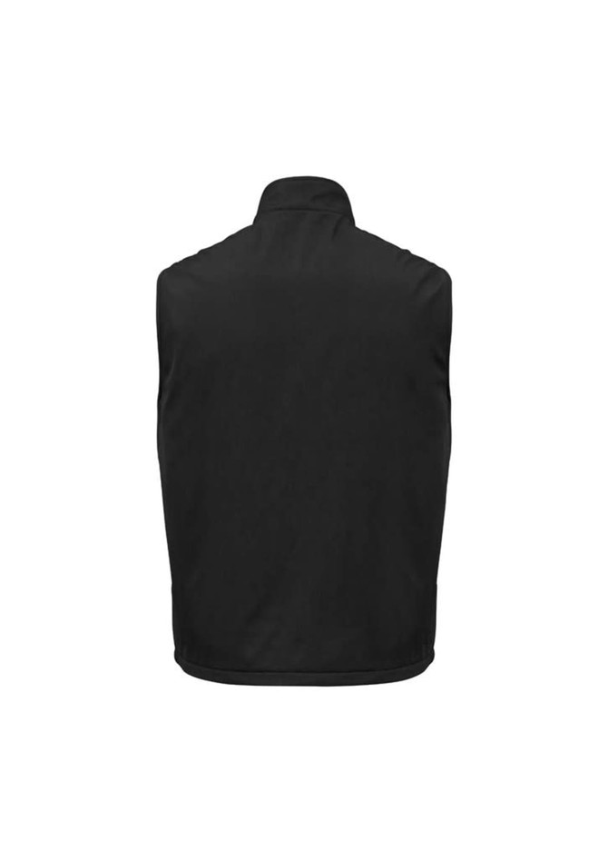 A unisex reversible fleece vest in black, featuring a simple design and a logo on the back.