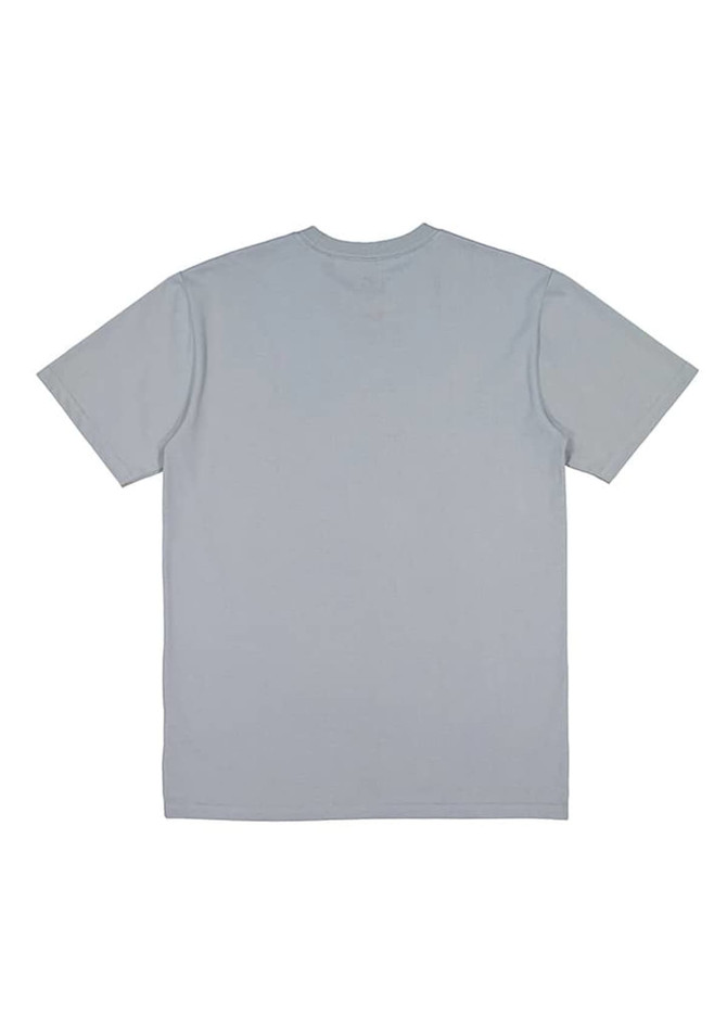 A light grey men's short sleeve tee featuring a simple design and a logo on the back.