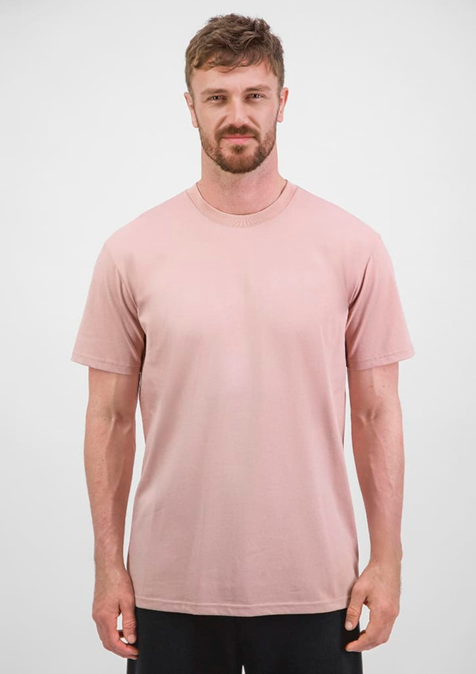 A men's everyday short sleeve tee in a soft pink colour, featuring a crew neckline and a simple design.