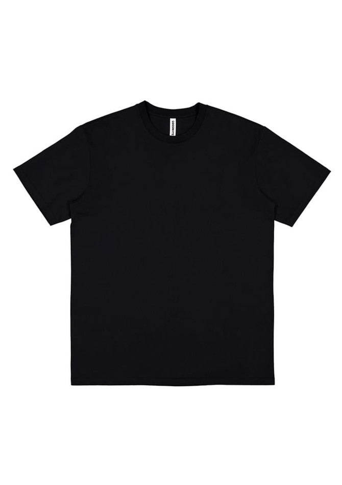 A black short sleeve t-shirt featuring a simple design and a label inside the neckline.