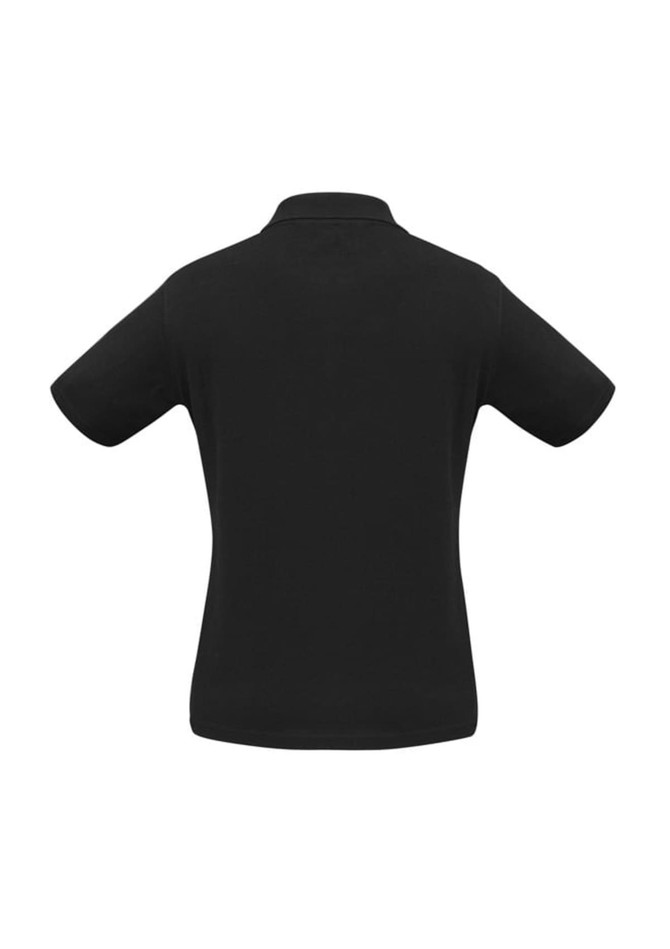 A black women's ice short sleeve polo shirt, featuring a classic polo design and a logo.