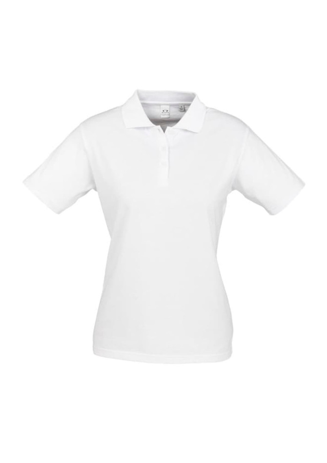 A white short sleeve polo shirt for women, featuring a classic collar and a logo on the chest.