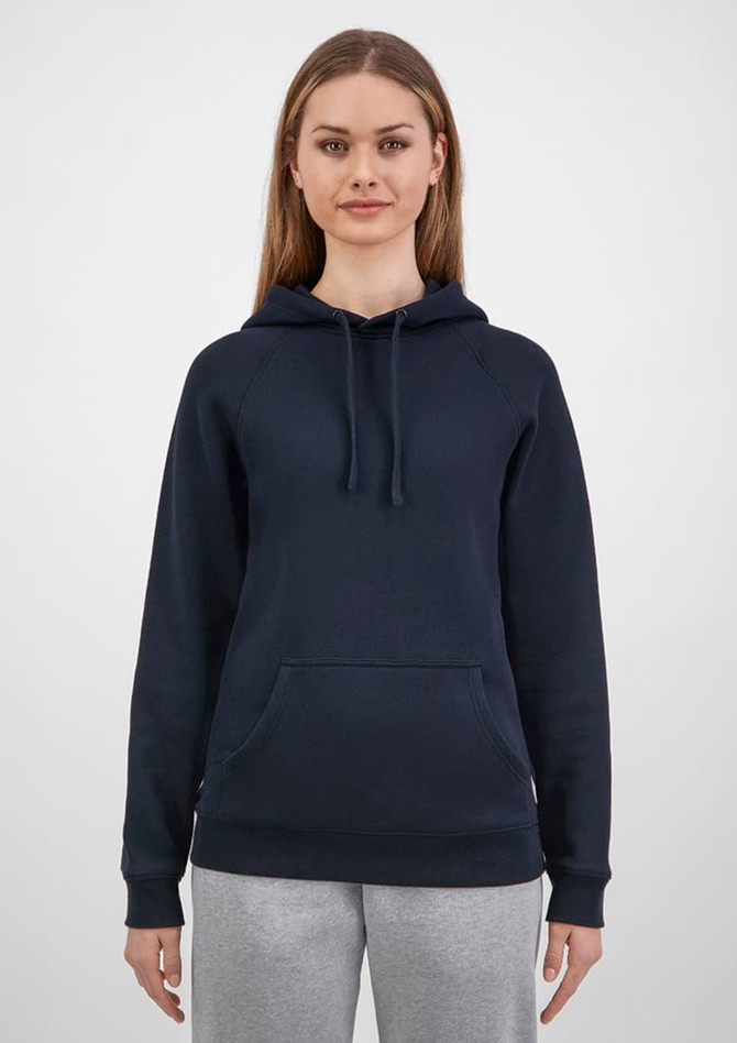 A dark navy women's hoodie featuring a front pocket and drawstring hood, modelled by a woman.