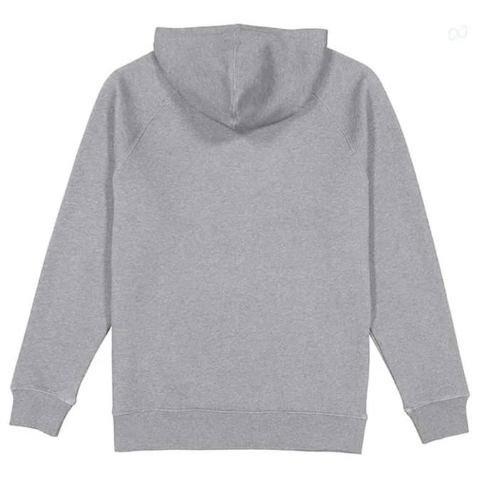 A grey hoodie with a hood and long sleeves, featuring a plain back and fitted cuffs.