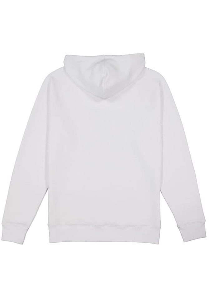 A white hoodie with a back view featuring a hood and long sleeves. The garment includes a logo.