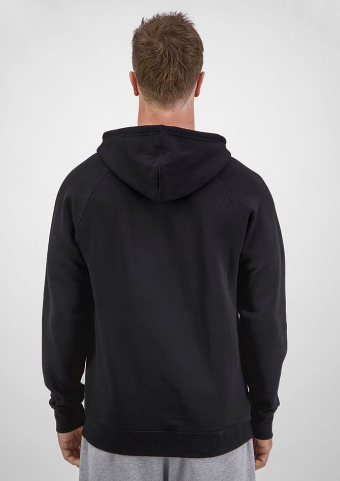 A black men's hoodie with a kangaroo pocket and a hood, viewed from the back. It features a logo on the back.