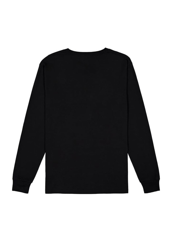 A black long sleeve tee featuring a plain back design and fitted cuffs. It includes a logo at the neck area.