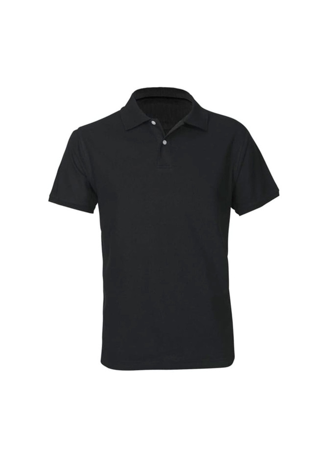 A black short sleeve polo shirt with a collar and buttons, featuring a contrasting inner collar.