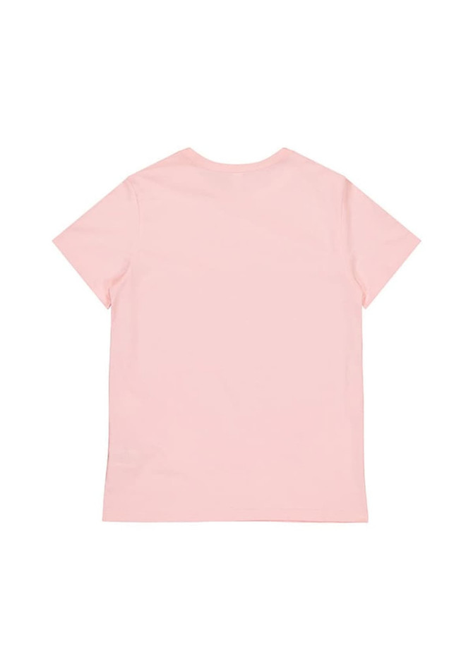 A light pink women's short sleeve tee, featuring a simple design and a branded logo on the back.