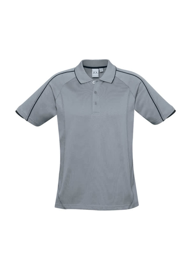 A grey men's short sleeve polo shirt with contrast piping and a logo. 