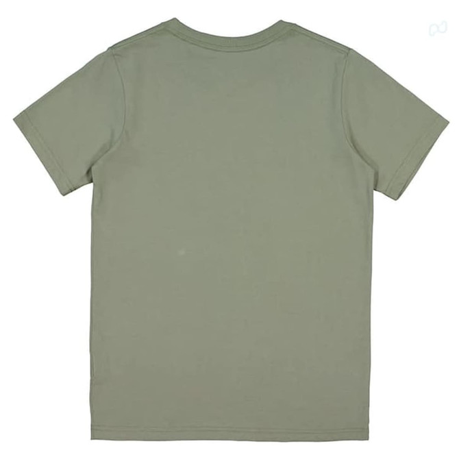 A plain olive green short sleeve t-shirt with a round neckline and no visible branding.