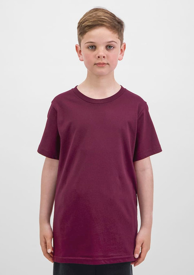 A maroon short sleeve tee for kids, featuring a simple design and a logo on the front.