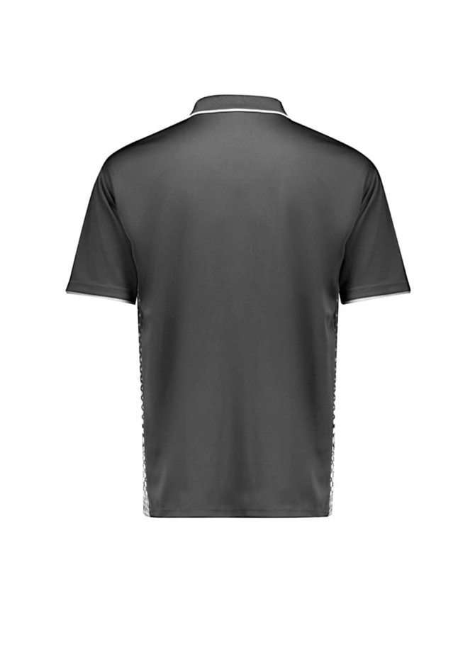 A men's short sleeve polo in grey, featuring a logo, with a smooth fabric and a classic collar design.