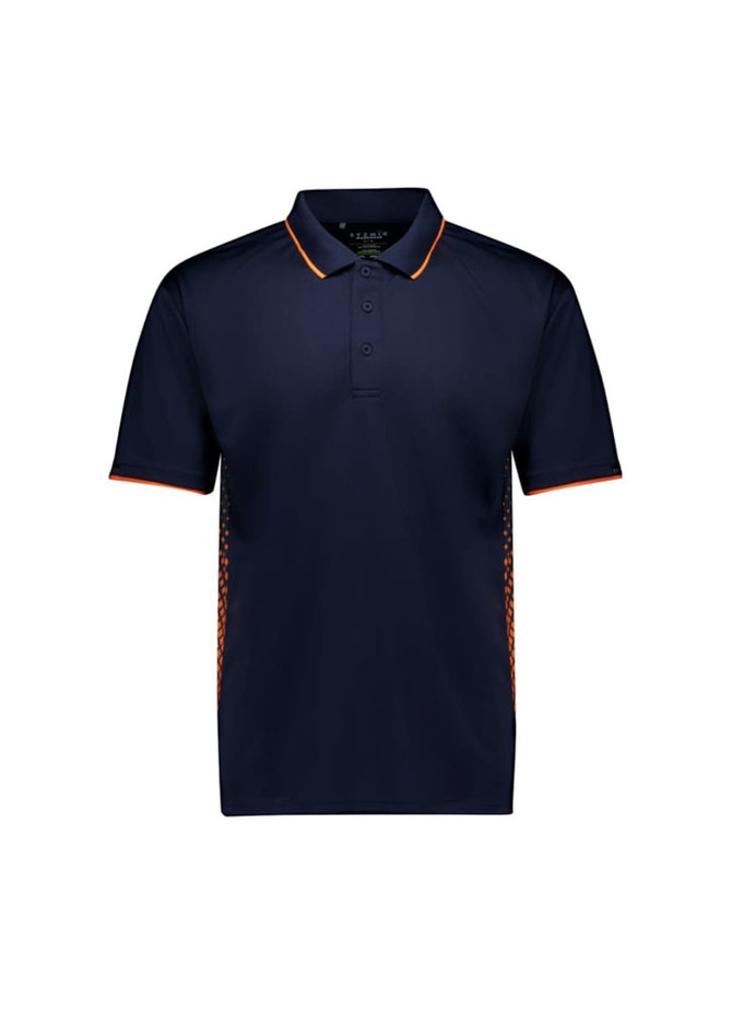 A navy short sleeve polo with orange accents and a logo on the chest. Suitable for casual or sporty occasions.
