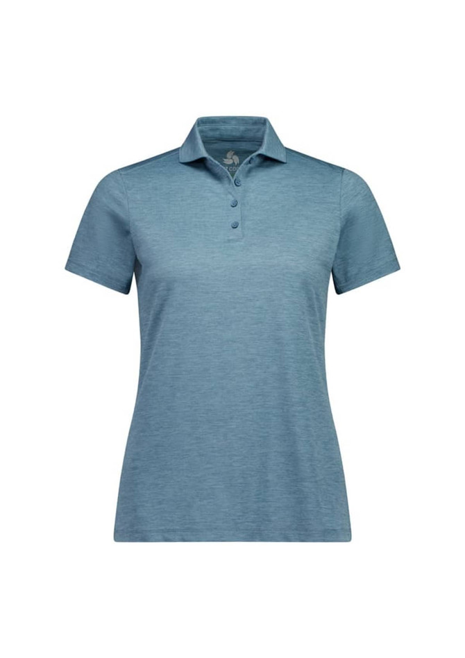 A short sleeve polo in a light blue colour with a collar and three buttons. It features a logo on the chest.