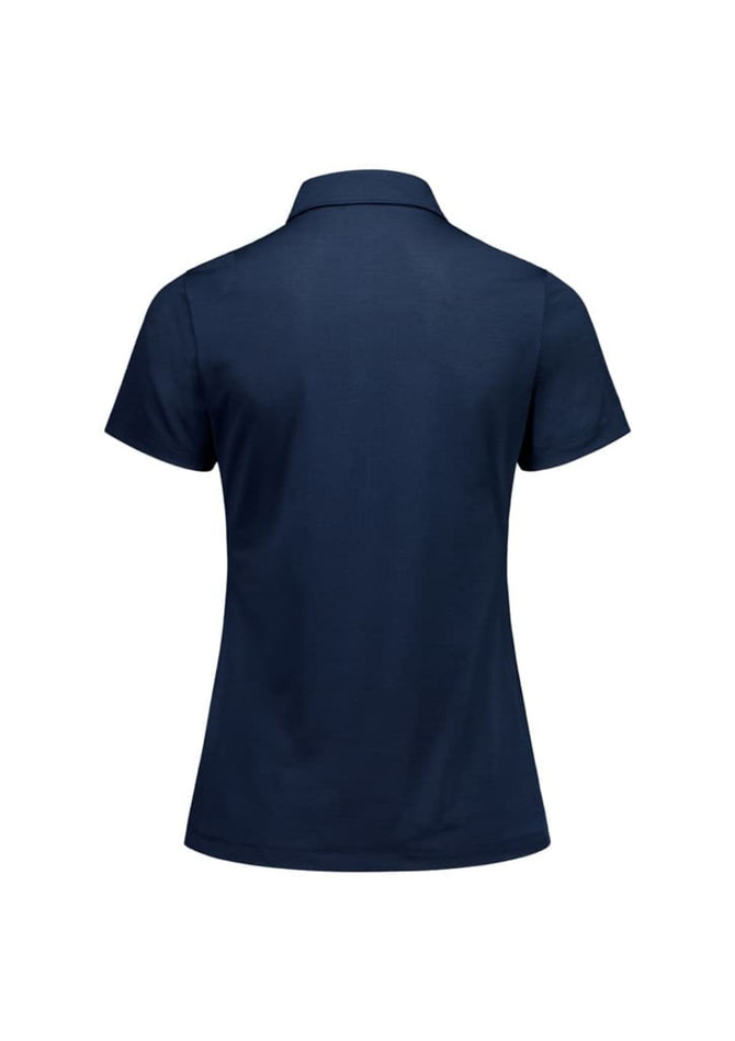 A navy women's polo shirt with a short sleeve design and a collar, featuring a branding logo.
