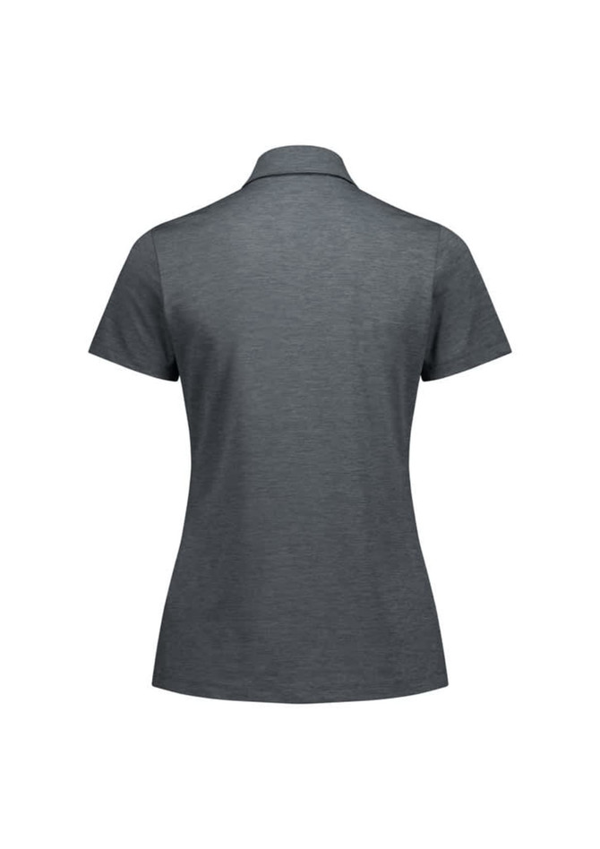 A dark grey women's short sleeve polo, featuring a classic collar and a simple design. It has a logo on the back.