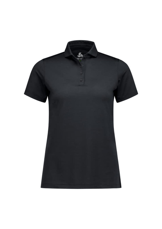 A short sleeve polo in black for women, featuring a classic collar and three-button placket. It has a logo on the chest.