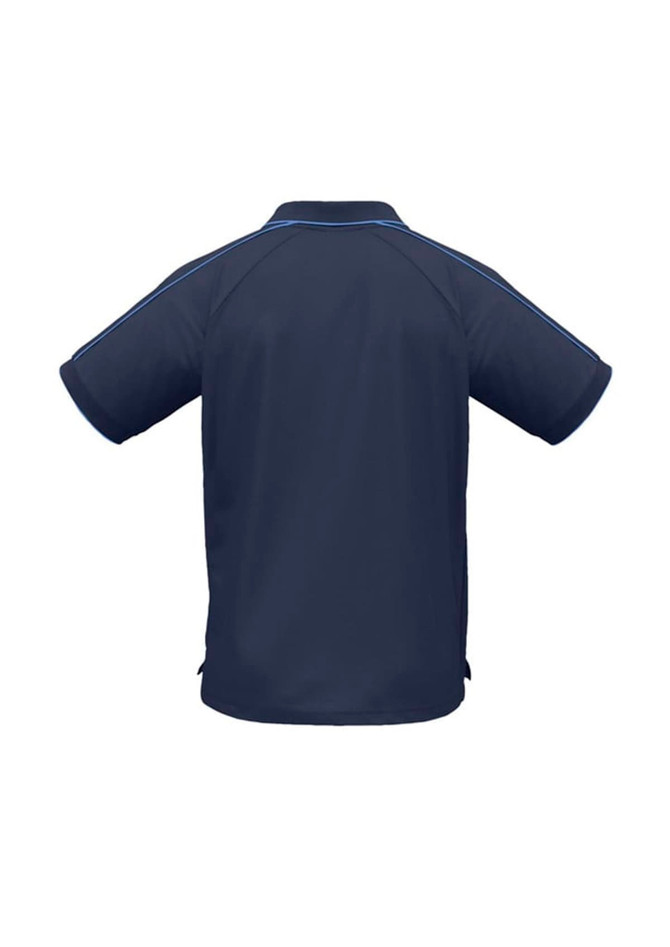 A navy blue men's short sleeve polo shirt featuring contrasting side stripes and a collar. It includes a logo on the front.