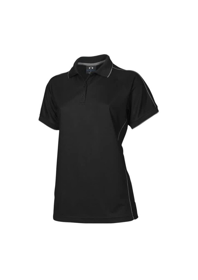 A black women's polo shirt with short sleeves and contrasting trim, featuring a logo on the chest.