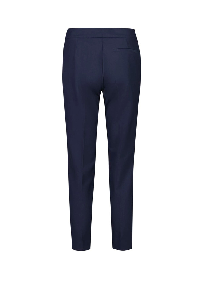A pair of navy mid-waist slim leg pants, featuring a simple design and a single back pocket.