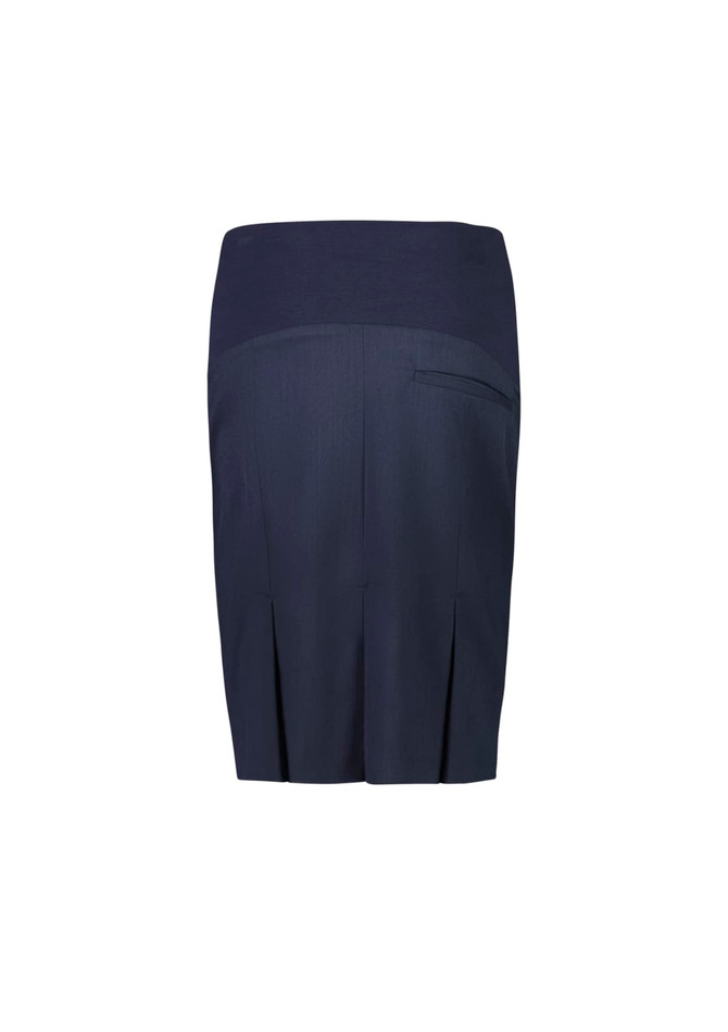 A navy maternity skirt with a smooth waistband and back pleats, featuring a single back pocket and a logo.