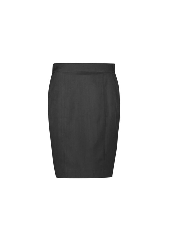 A black mid-waist pencil skirt, featuring a sleek design with no visible embellishments. It has a simple logo on the waistband.