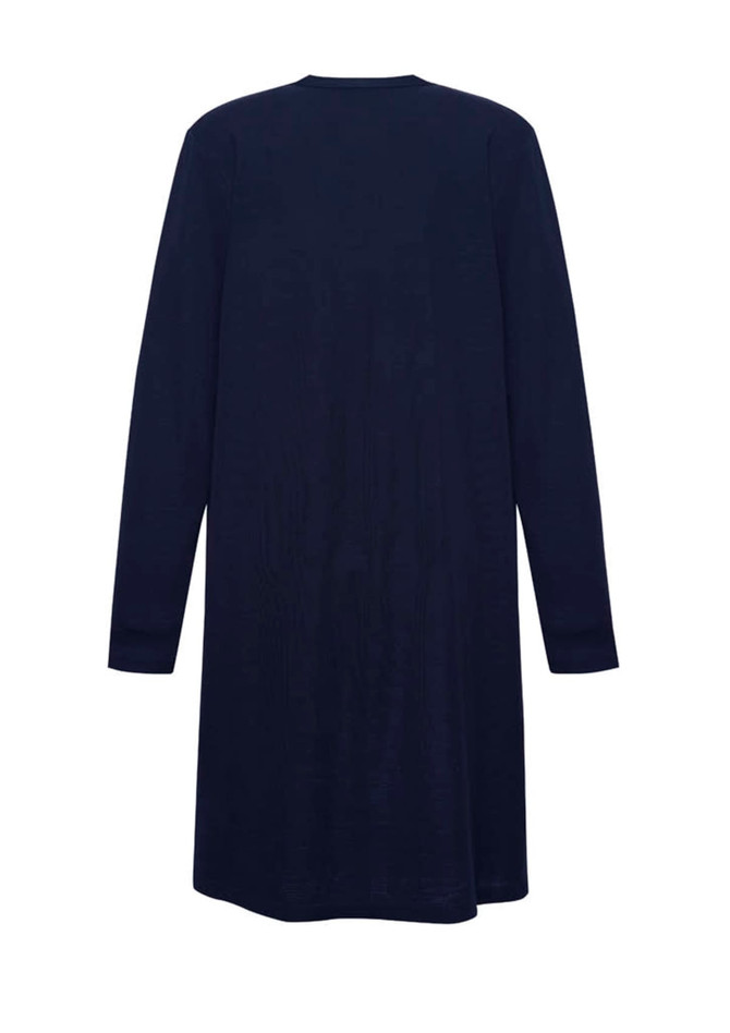 A navy longline cardigan with long sleeves and a straight cut back view. It features a logo.