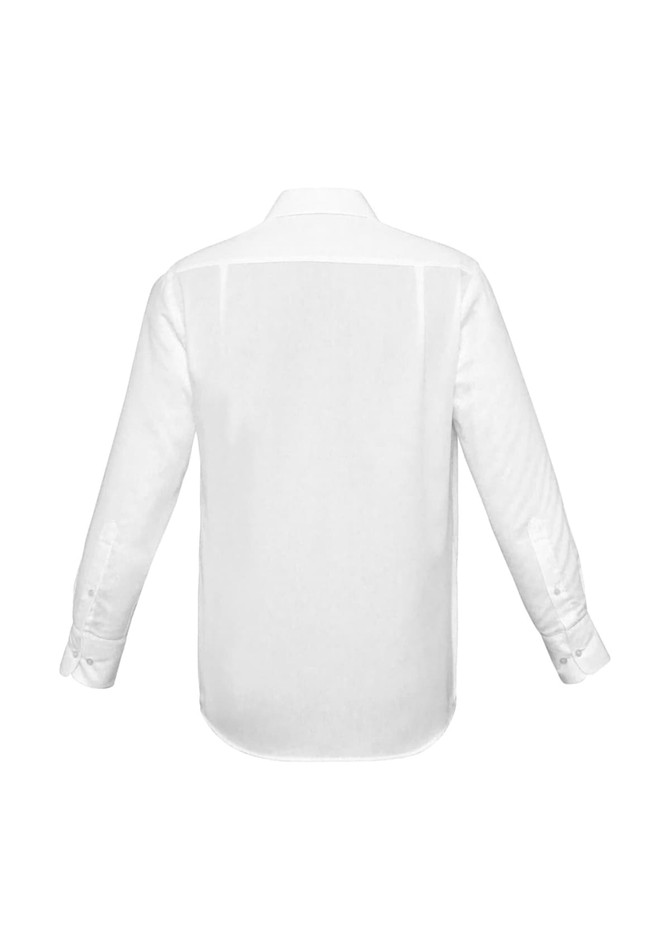 A white long sleeve button-up shirt with a smooth finish and a collar, featuring a logo.