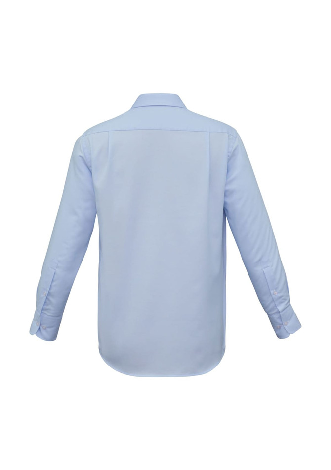 A light blue men's long sleeve button-up shirt featuring a collar and a plain design with a logo on the back.