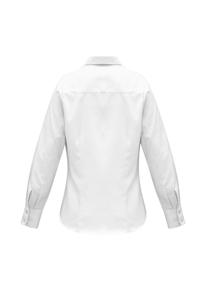 A white women's luxe long sleeve button-up shirt with a collar and buttoned cuffs. It features a branded logo.