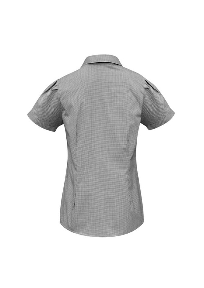 A women's short sleeve button-up shirt in a grey striped pattern, featuring a fitted back design and subtle shoulder details.