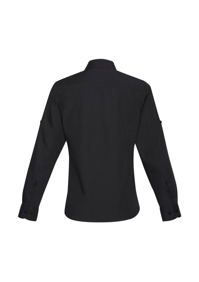 A women's black long sleeve button-up shirt featuring a classic collar and buttoned cuffs. It has branding on it.