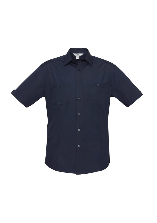 A navy short sleeve button-up shirt featuring two chest pockets and a collar. It includes a branding logo.
