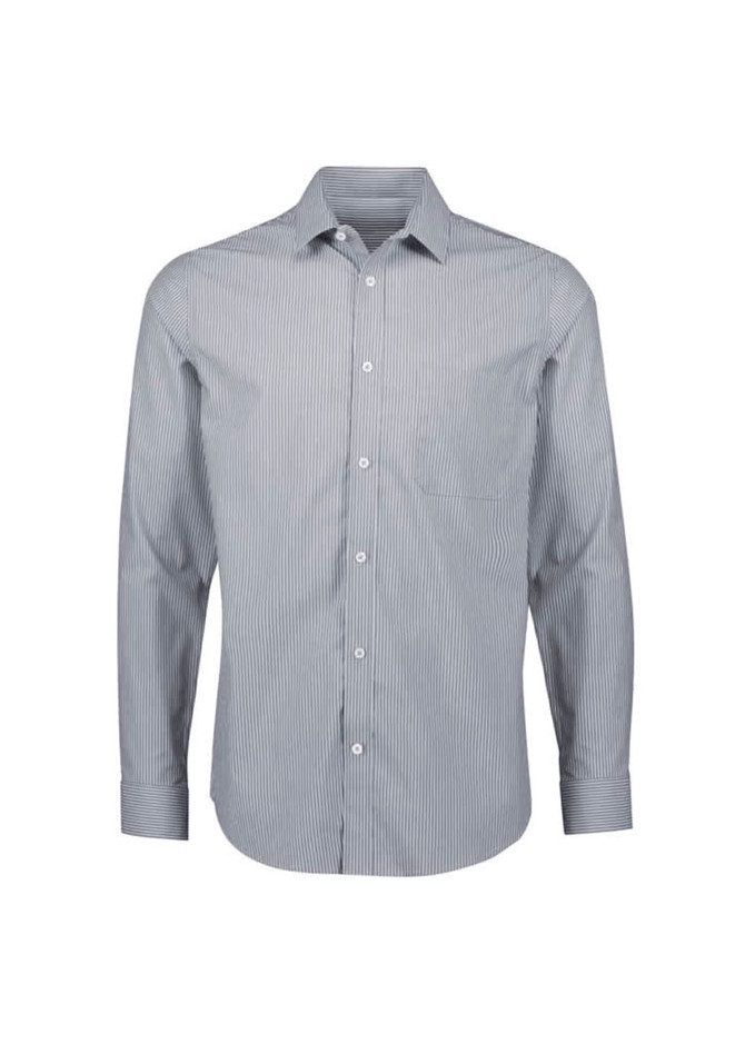 A long-sleeve button-up shirt with a classic striped pattern in shades of blue and white, featuring a chest pocket and a logo.