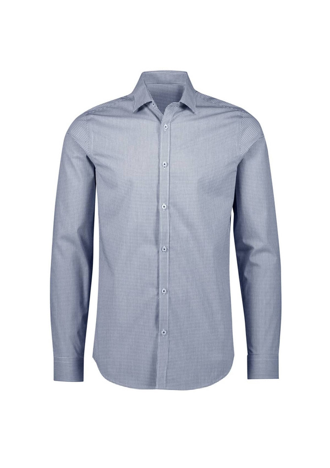 A tailored long sleeve shirt in a blue and white check pattern with a button-up front and a collar.