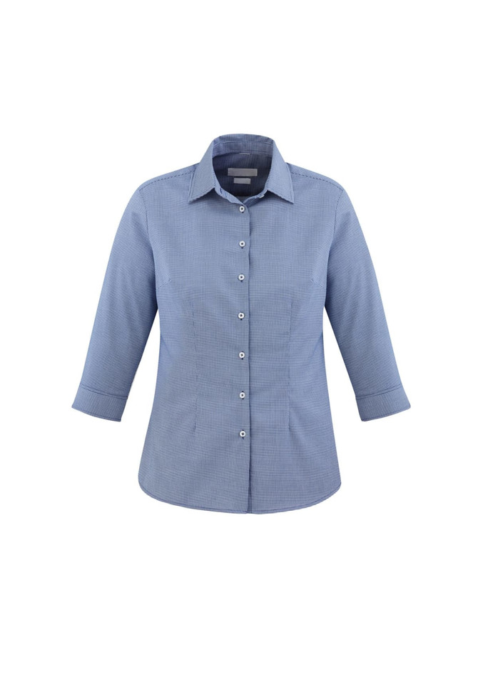 A blue, button-up shirt with 3/4 sleeves and a collar, featuring a subtle pattern and a logo.