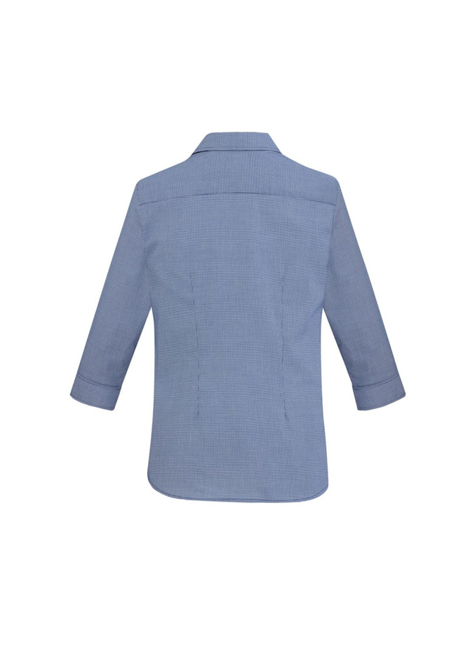 A blue and white checkered women's Jagger 3/4 sleeve button-up shirt with a classic collar and a logo on the back.