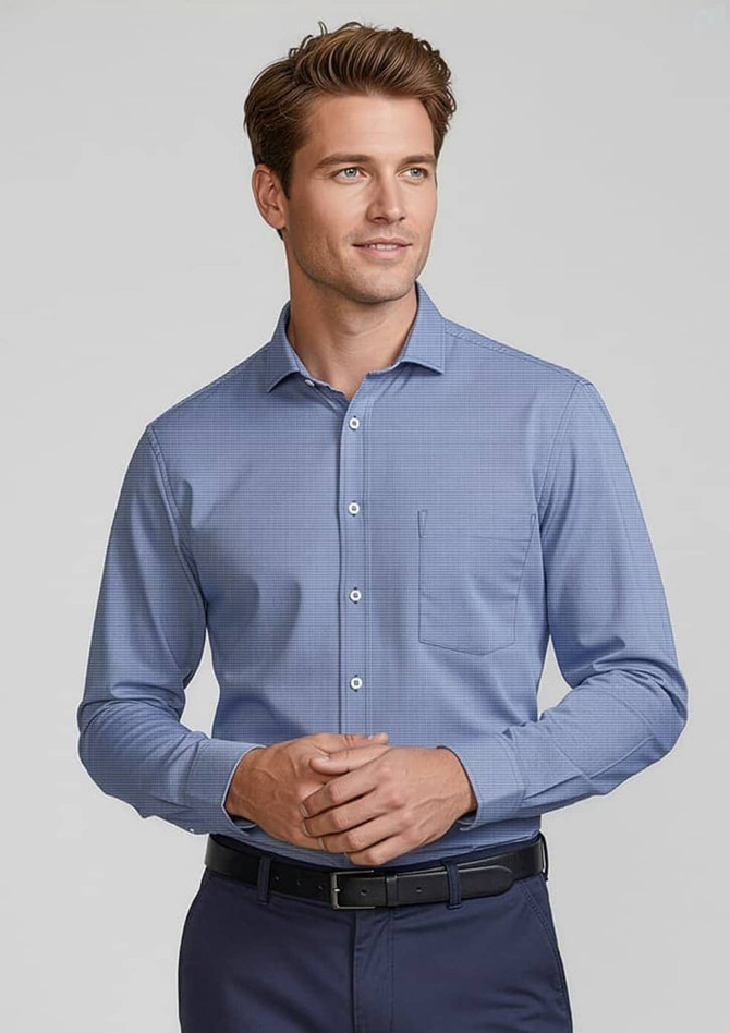 A long sleeve men's button-up shirt in light blue, featuring a single chest pocket and a logo.