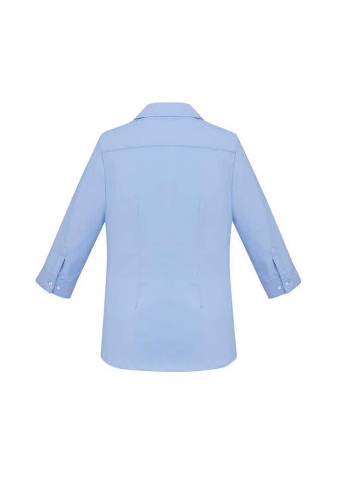 A light blue women's button-up shirt with 3/4 sleeves and a collar, featuring a logo.
