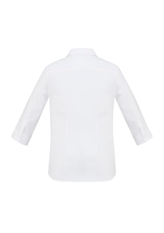 A white women's button-up shirt with a 3/4 sleeve design and a simple back detail. It features a logo.