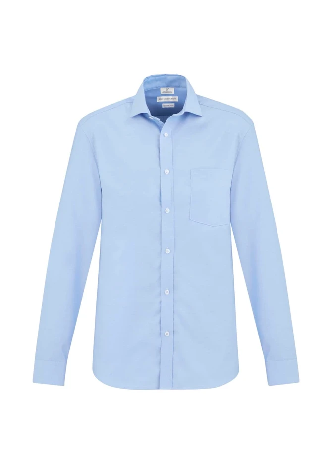 A light blue long sleeve button-up shirt with a chest pocket and a logo.