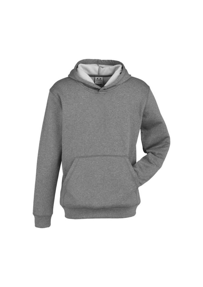 A grey kids' hoodie with a front pocket and a drawstring hood, featuring a branded logo.