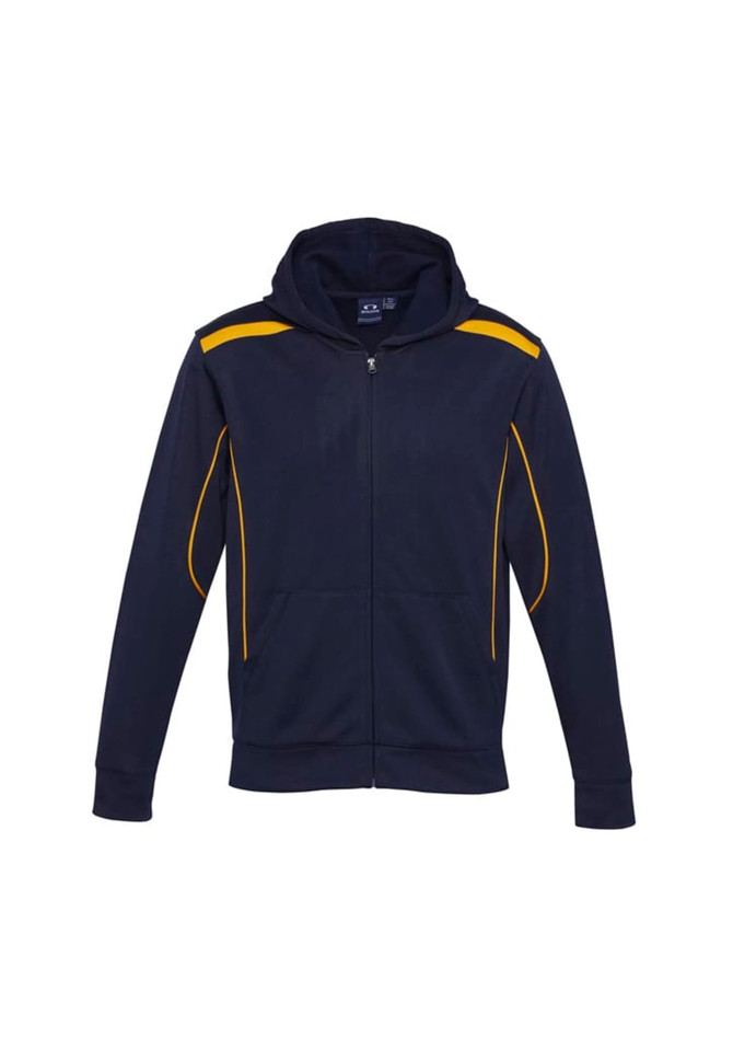 A navy hoodie with yellow trim and a front zip, featuring a hood and two side pockets.