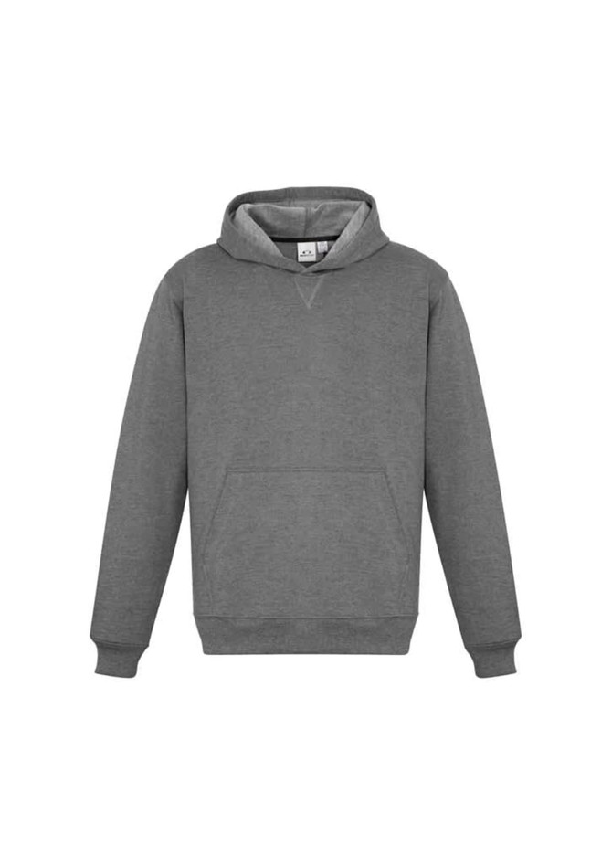 A grey hoodie featuring a front pocket and a hood, with a logo on the label.