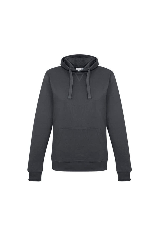 A grey women's crew hoodie with a front pocket and a drawstring hood, featuring a logo on the chest.