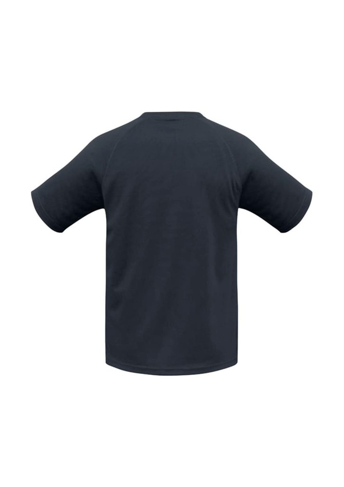 A black short sleeve tee with raglan sleeves and a logo on the back.