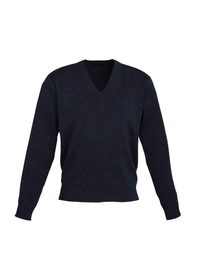 A dark grey knitted pullover featuring a V-neck design and long sleeves, with a brand logo present.