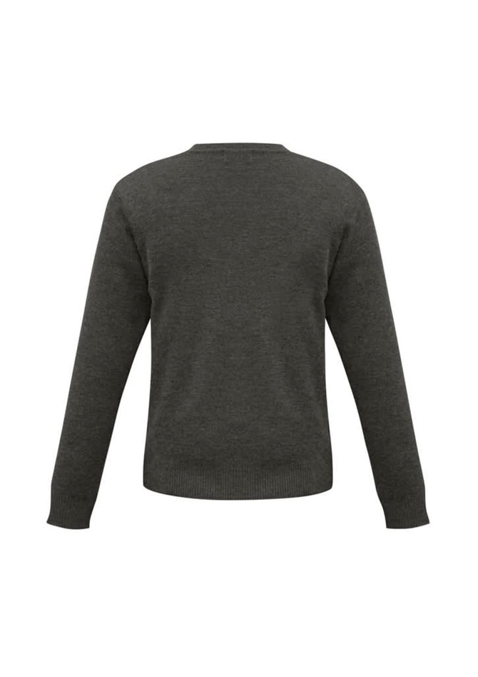 A grey knitted pullover featuring long sleeves and a round neckline, with a simple, unbranded design.